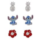 STITCH - Ananas &amp; Flower - 3 Pairs of Studs Earrings - Plated Brass