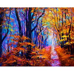 Autumn forest path 50 x40  cm  ronde steentjes met kader
