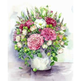 Bright Peonies with green fruits in a white vase  50 x 40 Ronde Steentjes