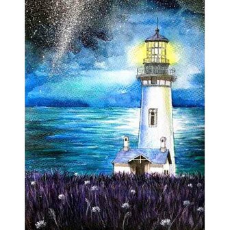 Lighthouse by Night  50 x40  cm  ronde steentjes met kader