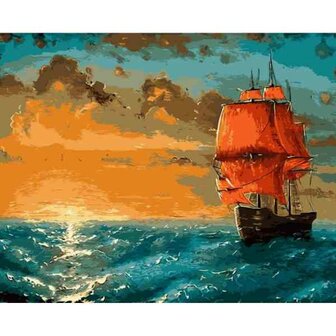 Schilderen op nummer Schip ondergaande zon   40 x50