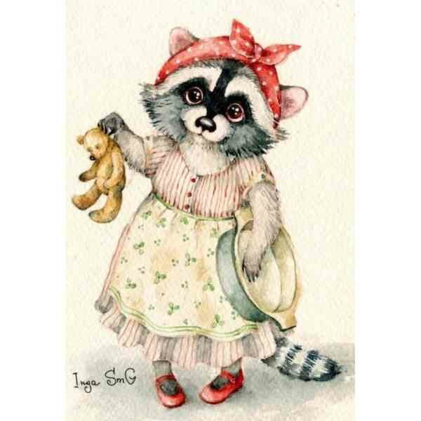 Diamond Painting Raccoon and Teddy Bear 40 x 30 cm  ronde steentjes met kader