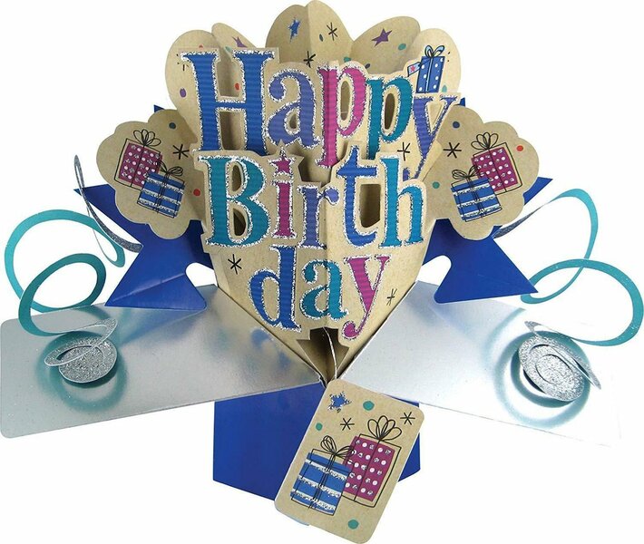 3D Pop-up wenskaart met envelop &ndash; Happy Birthday Blauw