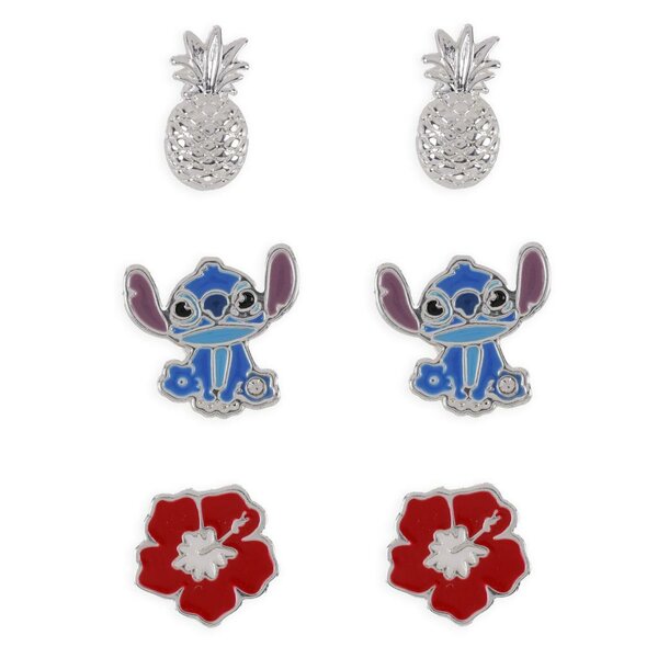 STITCH - Ananas &amp; Flower - 3 Pairs of Studs Earrings - Plated Brass