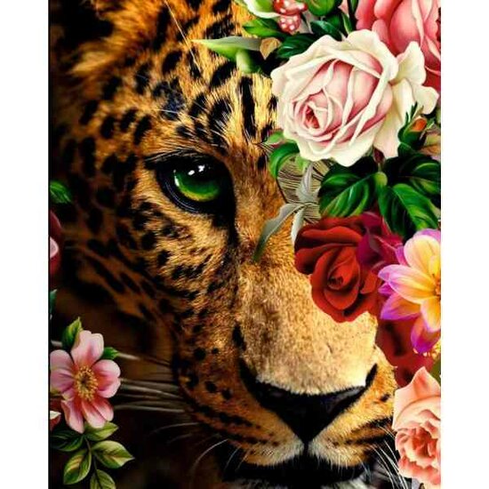 Diamond painting op kader &quot;Jaguar&quot; 40x50 cm ronde steentjes