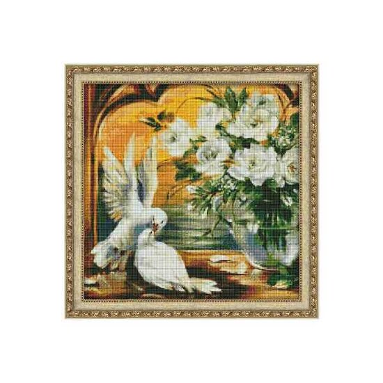 Daimond Painting kit Pigeons &amp; White Roses 50x 50 cm vierkante steentjes