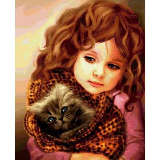 Diamond Painting Klein Meisje met kitten 40 x 50  ronde steentjes