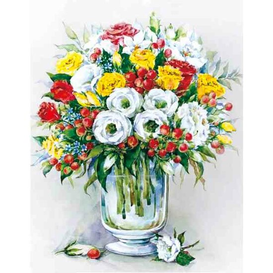 Diamond Painting Bouquet with red berries  40 x 50 ronde steentjes op kader