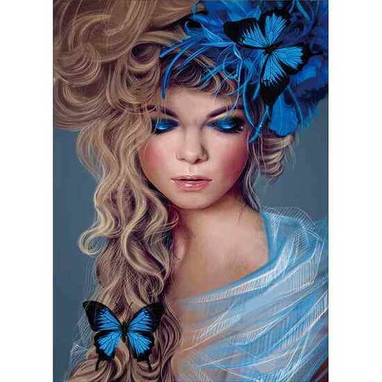 Diamond Painting girl with Butterflies  40 x 30 cm  ronde steentjes met kader