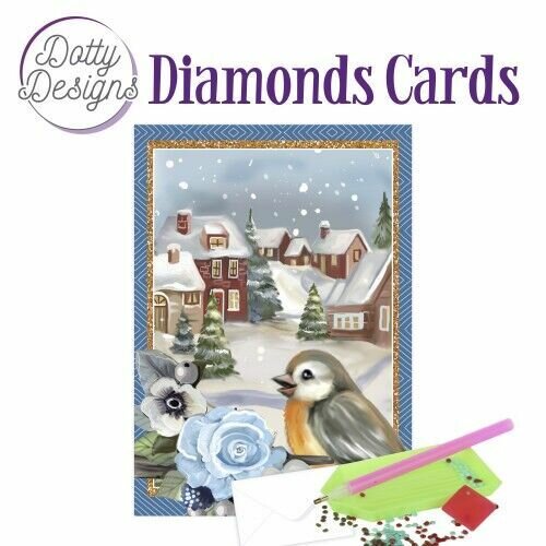 Dotty Designs Diamond Cards -Wenskaart Bird in a snowy Christmas village