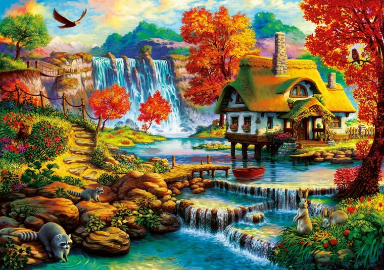 Country House by the Water Fall - puzzel - 1000 Stukjes  