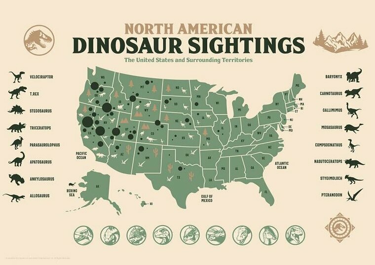 JURASSIC WORLD - Dinosaur Map - Art Print - Limited Edition &#039;A3&#039;