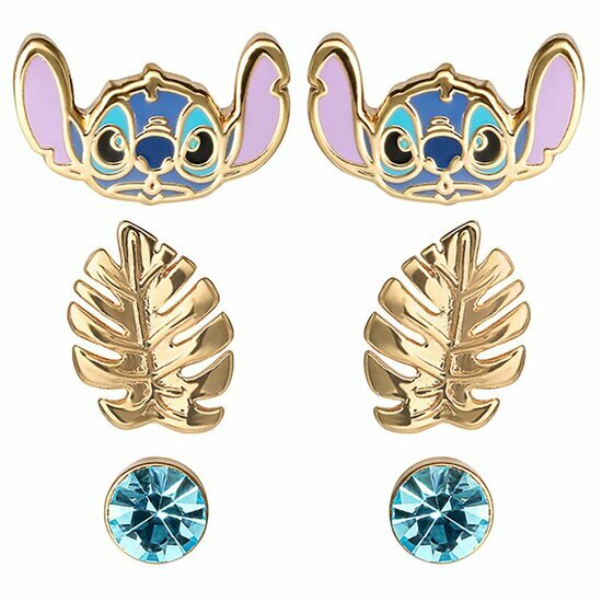 STITCH - Blue &amp; Gold - 3 Pairs of Studs Earrings - Brass Plated