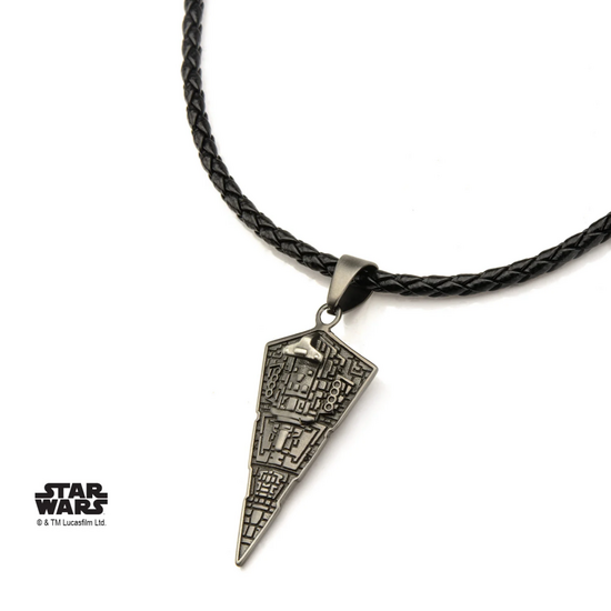 STAR WARS - Men&#039;s Stainless Steel Star Destroyer Pendant Black Leather