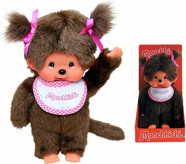 MONCHHICHI - Girl Pink &amp; White Bib - Plush 20cm