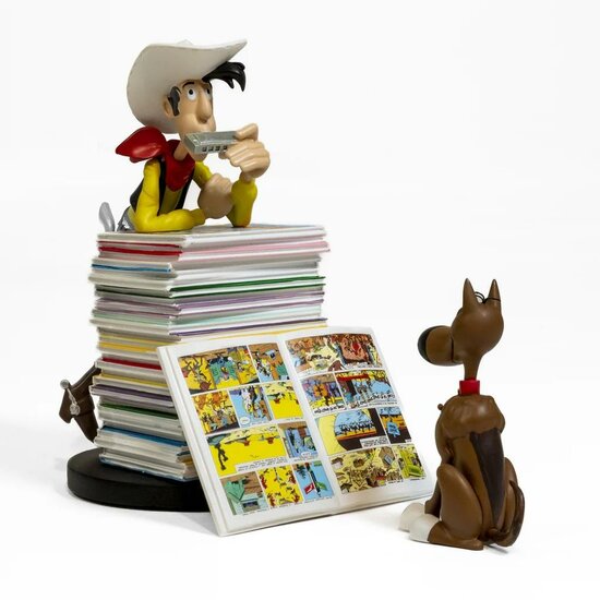 LUCKY LUKE - Lucky Luke &amp; Rantamplan on stack of comics - Statue 25cm