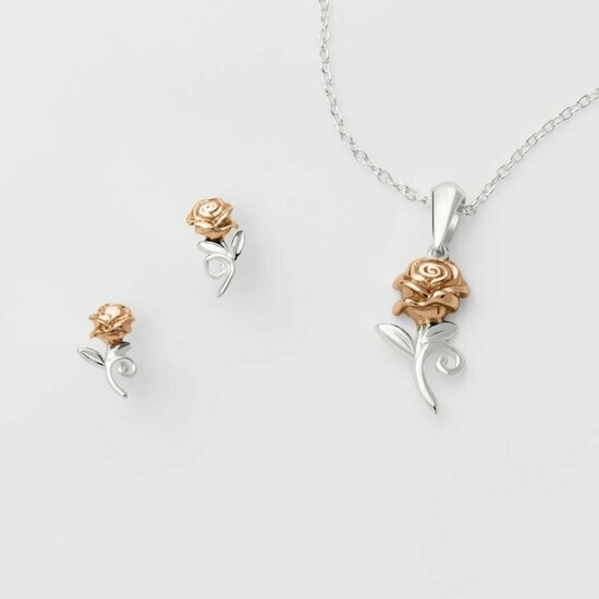 BEAUTY &amp; BEAST - Rose - Silver Sterling Necklace + Earrings Set
