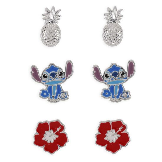 STITCH - Ananas &amp; Flower - 3 Pairs of Studs Earrings - Plated Brass