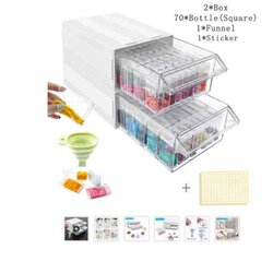 2 stapelbare opbergcontainers , lades met 35 doosjes + stickers