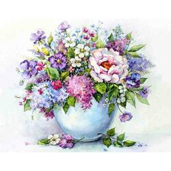 Delicate Flowers in a white vase  50 x 40 Ronde Steentjes
