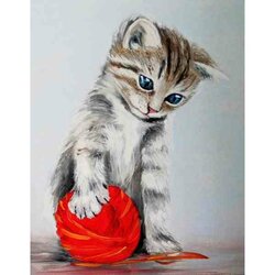 Diamond Painting Kitten With a red  clew 50 x 40 Ronde Steentjes op kader