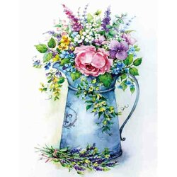 Romantic Bouquet in a watering can   50 x40  cm  ronde steentjes met kader