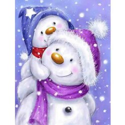 Happy Snowman Family   30 x 40  cm  ronde steentjes met kader