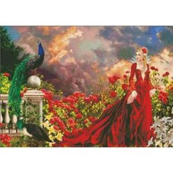 Scarlet Dame met Pauw 120x 85 Vierkante steentjes