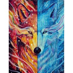 Diamond Painting Fire and Ice Wolf, vierkante steentjes ca. 60x80cm, 65 kleuren
