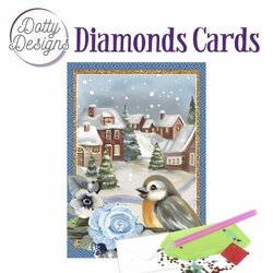 Dotty Designs Diamond Cards -Wenskaart Bird in a snowy Christmas village