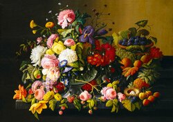 Severin Roesen - Still Life, Flowers and Fruit, 1855 - puzzel 1000 Stukjes